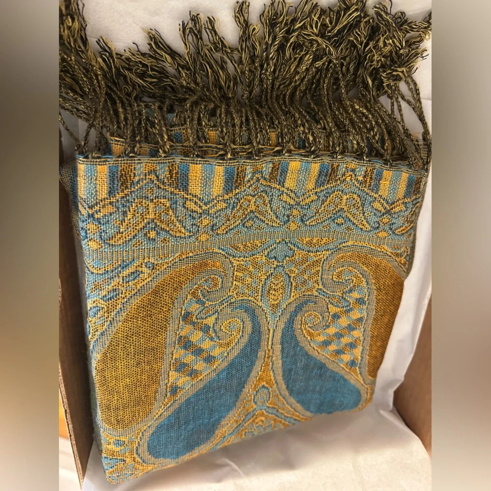Vintage Oversized Pashmina Wrap Scarf Teal Gold Paisley Fringe Shawl